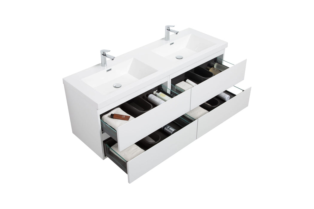 White double sink vanity with open drawers.
