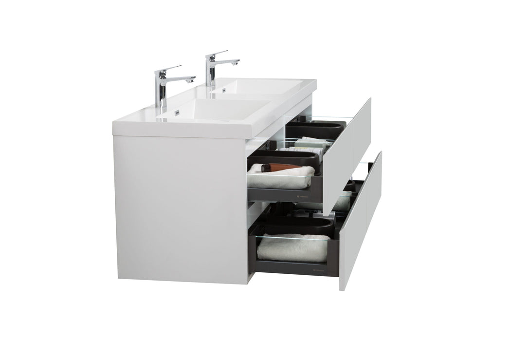 White bathroom vanity with two open drawers.