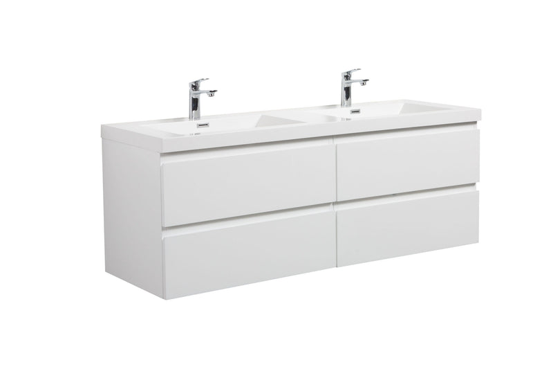 White double sink vanity with four drawers and chrome faucets.