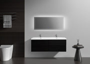 Bathroom with double sink, illuminated mirror, toilet, towel rack, and side table.