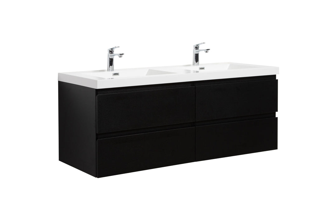 Black bathroom vanity with white countertop and two sinks.