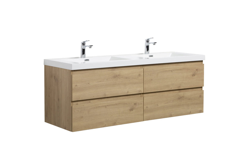 Bathroom vanity with double sinks and wood-look drawers.