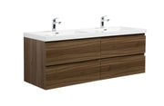 Double sink vanity with dark wood cabinet and white countertop.