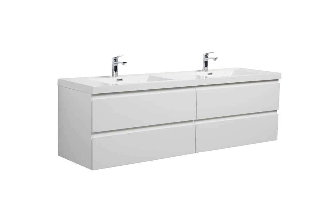 White, double sink bathroom vanity with chrome faucets and drawers.