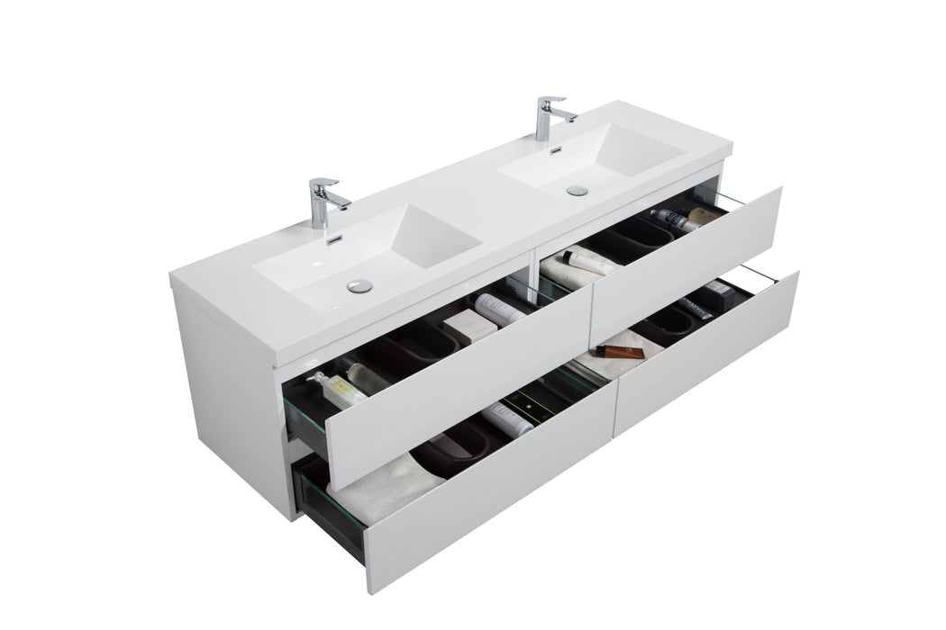 White double sink vanity with open drawers.
