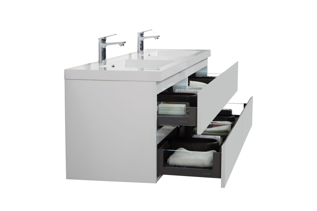 White bathroom vanity with two sinks and open drawers.
