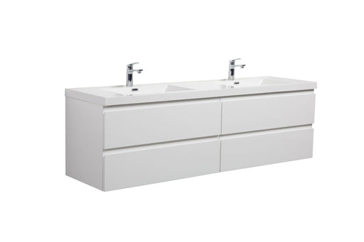 White, double sink bathroom vanity with chrome faucets and drawers.