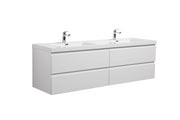 White bathroom vanity with double sinks and chrome faucets.