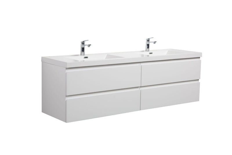 White bathroom vanity with double sinks and chrome faucets.