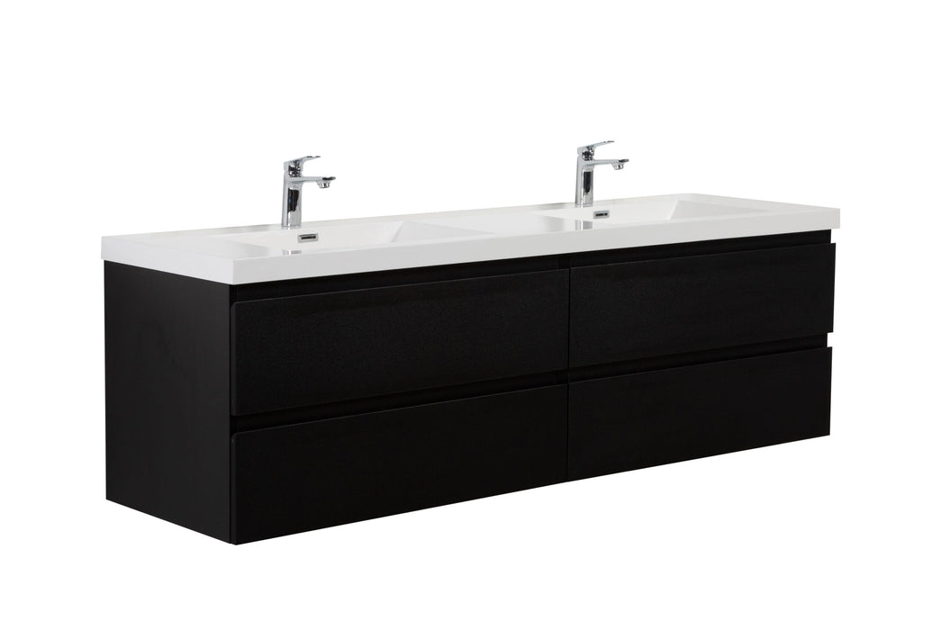 Black double sink vanity with white countertop and two chrome faucets.