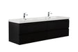 Black double sink vanity with white countertop and two chrome faucets.