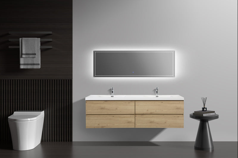Modern bathroom with a wood-toned double vanity, LED mirror, black accent wall, toilet, and decor on a black side table.