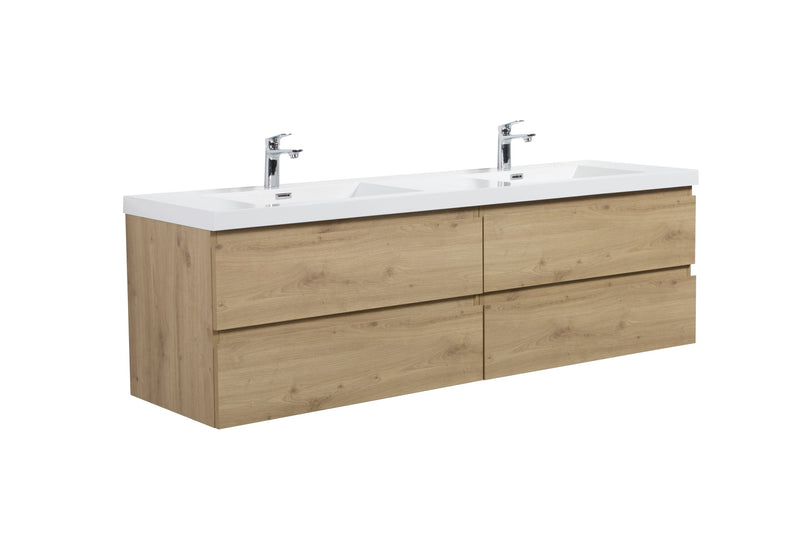 Double vanity with wood grain cabinets and white countertop.