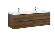 Bathroom vanity with double sinks, white countertop, and wooden drawers.