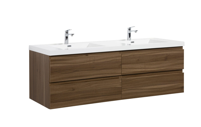 Bathroom vanity with double sinks, white countertop, and wooden drawers.