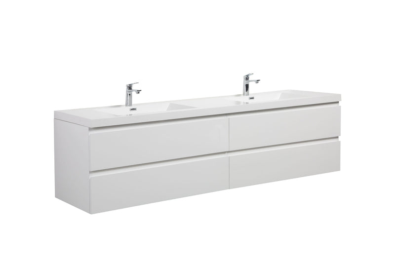 White bathroom vanity with two sinks and chrome faucets.