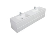 White double vanity with undermount sinks and chrome faucets.