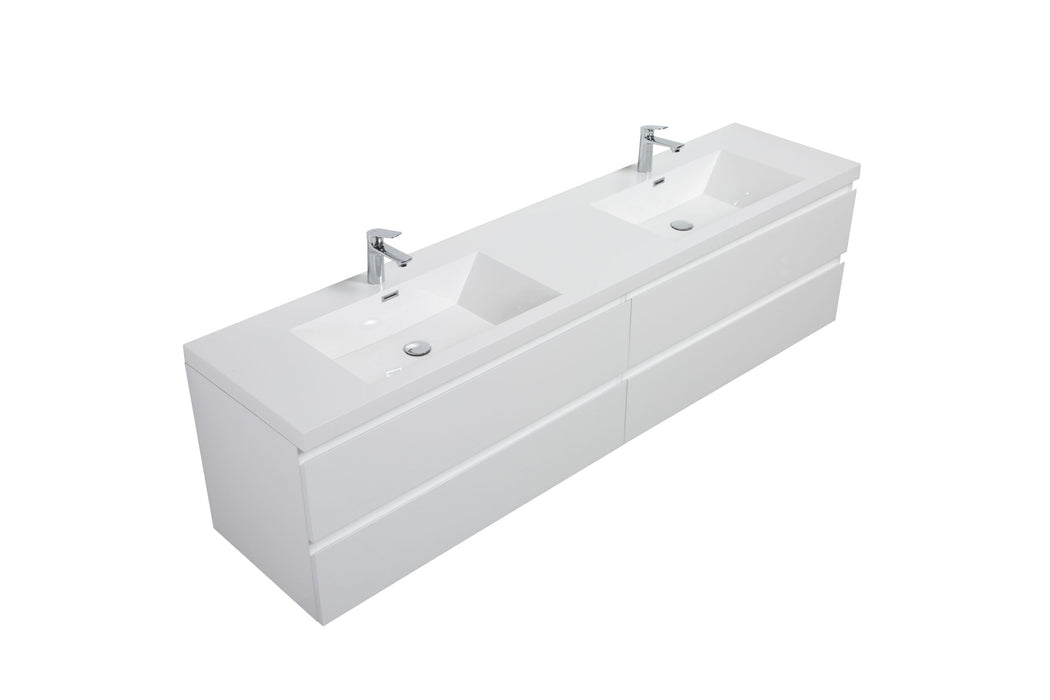 White double vanity with undermount sinks and chrome faucets.