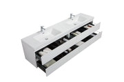 White double sink bathroom vanity with open drawers.