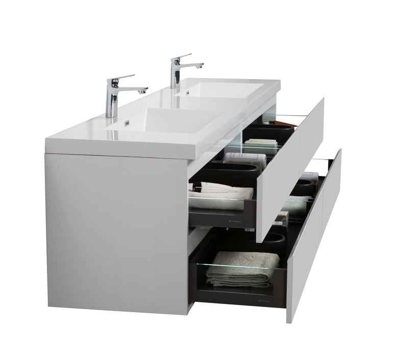 Modern double sink vanity with open drawers.