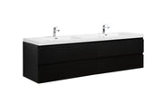 Black bathroom vanity with a white countertop and two sinks.
