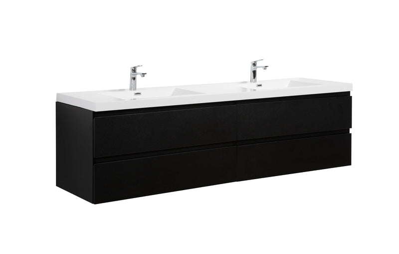 Black bathroom vanity with a white countertop and two sinks.