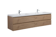 A brown, double sink vanity with a white countertop.