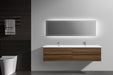Modern bathroom with floating wood vanity, illuminated mirror, toilet, and towel rack.