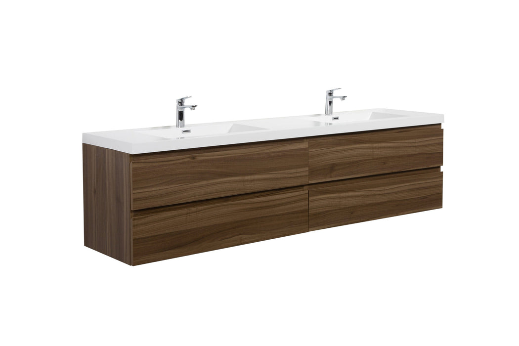 Modern double-sink bathroom vanity with wood-grain cabinet.