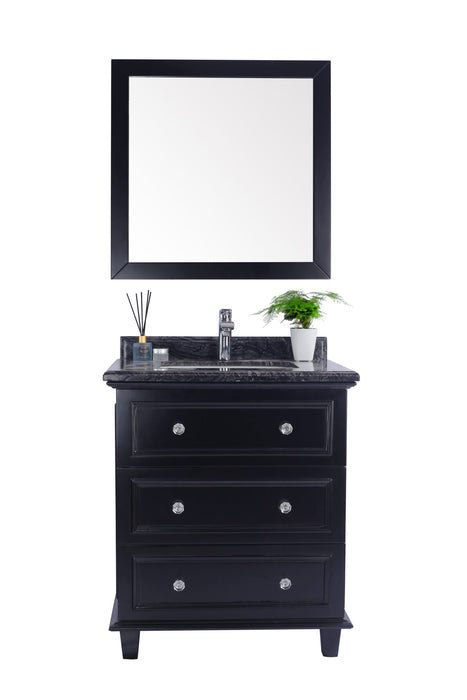 Black vanity with black granite countertop and square mirror.
