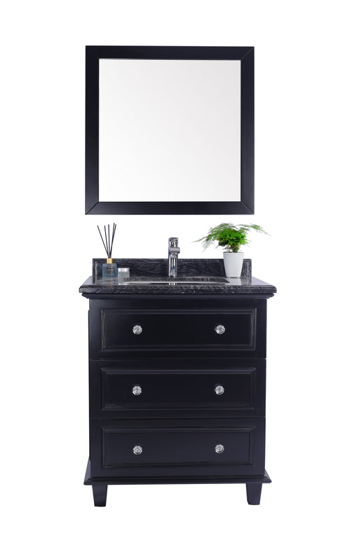 Black vanity with black granite countertop and square mirror.