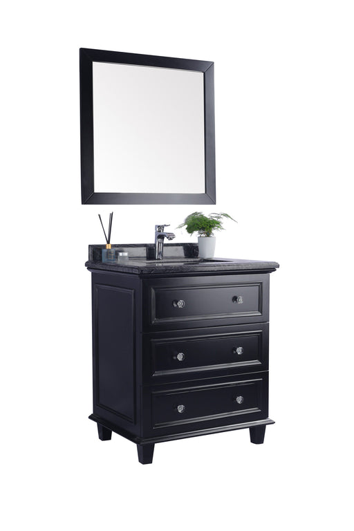 Black vanity with mirror, stone countertop, drawers, and crystal knobs.