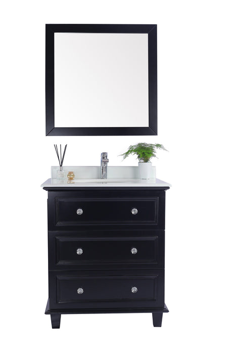 Dark wood vanity cabinet with white countertop and square mirror.