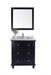 Black vanity with marble countertop, silver faucet, mirror, small plant, and soap.