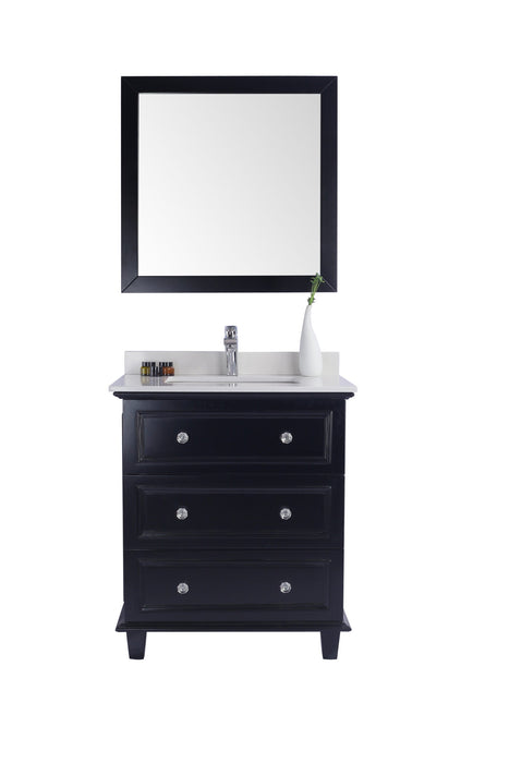 Black vanity with a white countertop and a square mirror.
