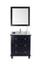 Black vanity with a white countertop and a square mirror.
