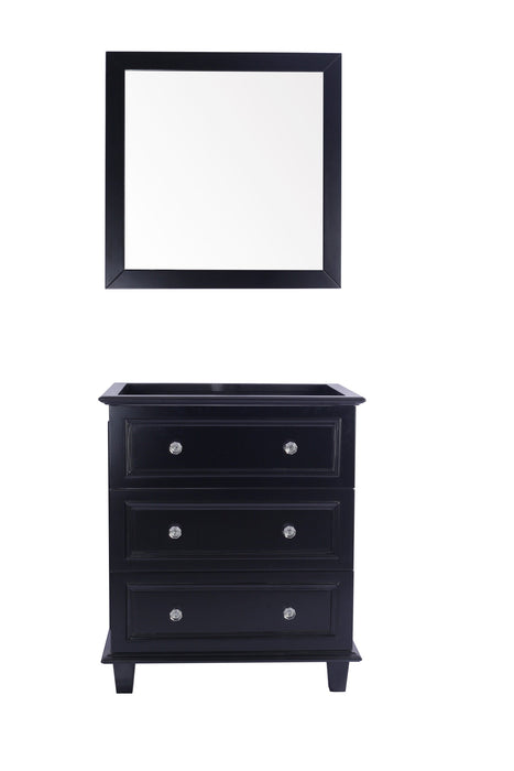Black vanity with mirror and three drawers.