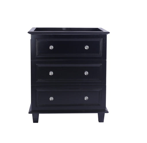 Black chest of drawers with crystal knobs.