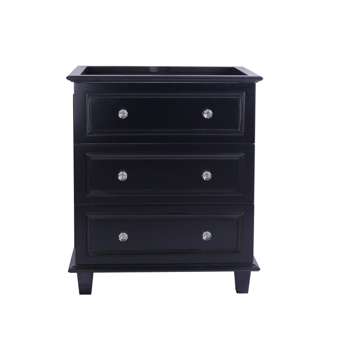 Black chest of drawers with crystal knobs.