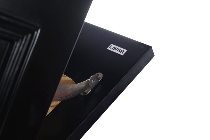 Black cabinet with metal hardware and brand label.
