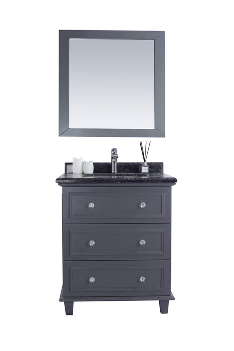 Gray bathroom vanity with drawers, marble countertop, and square mirror.