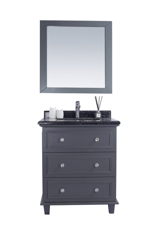Gray bathroom vanity with drawers, marble countertop, and square mirror.
