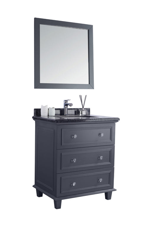 Gray bathroom vanity with mirror and three drawers.