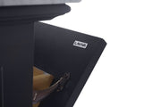 Dark wood cabinet with "LAVIVA" logo, revealing a wooden drawer.