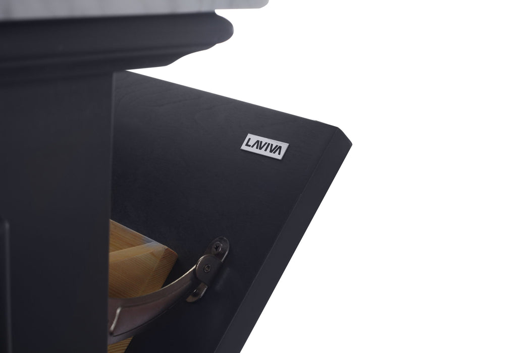 Dark wood cabinet with "LAVIVA" logo, revealing a wooden drawer.