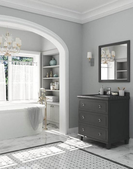 Bathroom with gray walls, a white marble floor, a dark gray vanity, a white bathtub, and a white bookshelf.