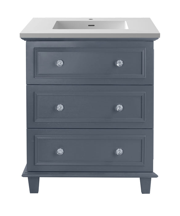Gray bathroom vanity with white countertop and crystal knobs.
