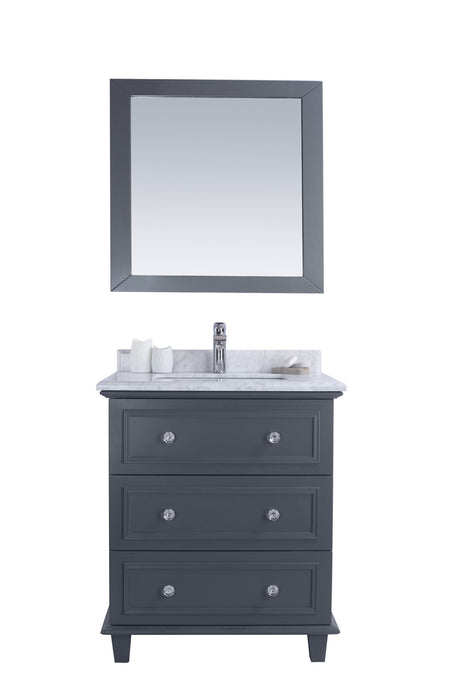 Gray vanity with marble top and mirror.