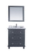 Gray vanity with marble top and mirror.