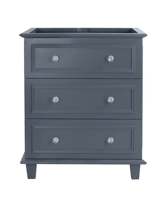 Gray three-drawer vanity.